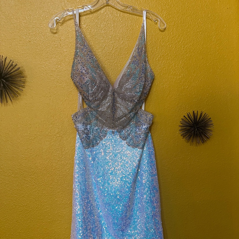 Jovani Silver and Blue Backless Dress
